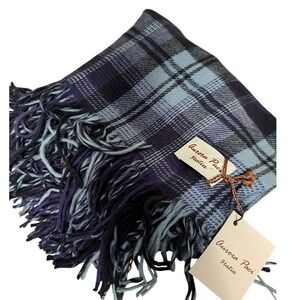 NWT Aurora Peci Italia Plaid Scarf Fringe Acrylic Blue Purple Warm Cozy
